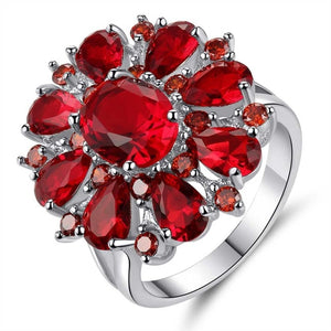 Dovolov Red Zircon Jewelry FlowersWedding Rings For Women Red Crystal Engagement Proposal Ring Accessory for Female D3