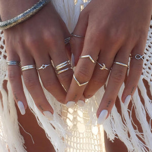 12 Pcs/set Vintage Female Rings V Star Moon 8 Word Silver Ring Set Women Joint Ring Wedding Party Jewelry Accessories