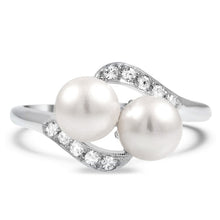 Load image into Gallery viewer, Huitan Trendy Classic Double Simulated Pearl Rings Silver Plated Exquisite Anniversary Party Accessories Jewelry Ring For Female
