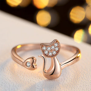 New LNRRABC Female Midi Finger Cat Ear Ring Rhinestones Heart Open Ring For Women Girl Child Gifts Bijoux Accessories Jewelry
